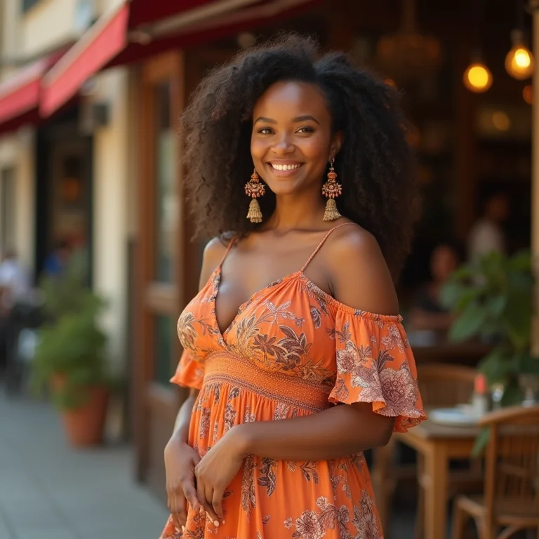 Mulher plus size com vestido longo e maxi brincos artesanais em frente a café boêmio
