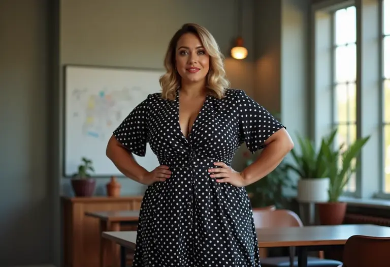 Mulher Plus Size com Vestido Poá Preto e Branco em Ambiente de Trabalho Moderno