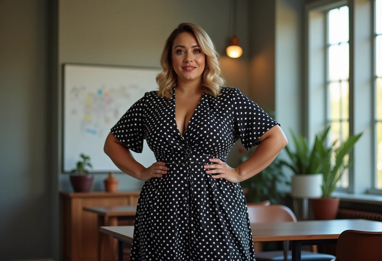 Vestido Poá Anos 50: O Guia Definitivo Para Um Look Autêntico Mulher Plus Size com Vestido Poá Preto e Branco em Ambiente de Trabalho Moderno
