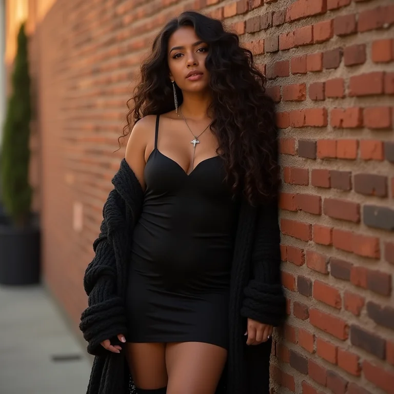 Mulher plus size com vestido slip preto, cardigan e botas plataforma