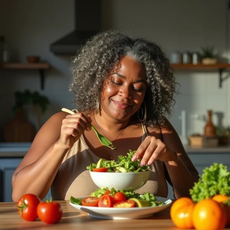 Mulher plus-size comendo salada para nutrição capilar