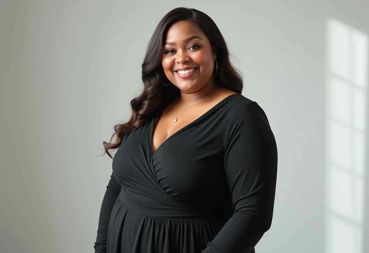 Como Escolher Vestido Plus Size Para Disfarçar a Barriga: Guia Rápido Mulher plus size confiante em vestido que disfarça a barriga
