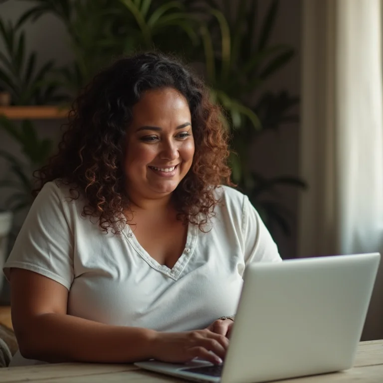 Mulher plus-size escolhendo plugins essenciais para WordPress