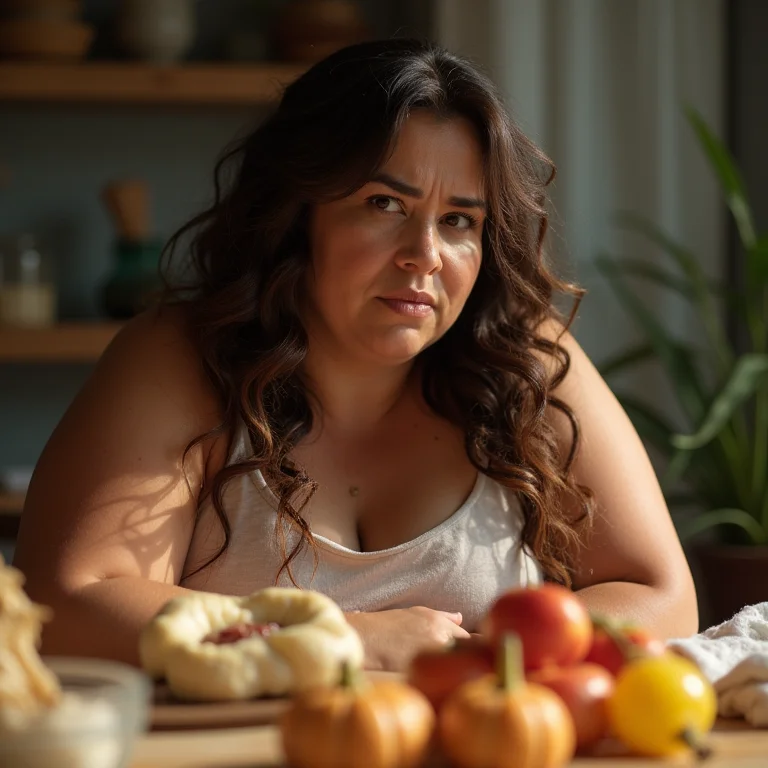 Mulher plus-size evitando açúcar e processados para aliviar fibromialgia