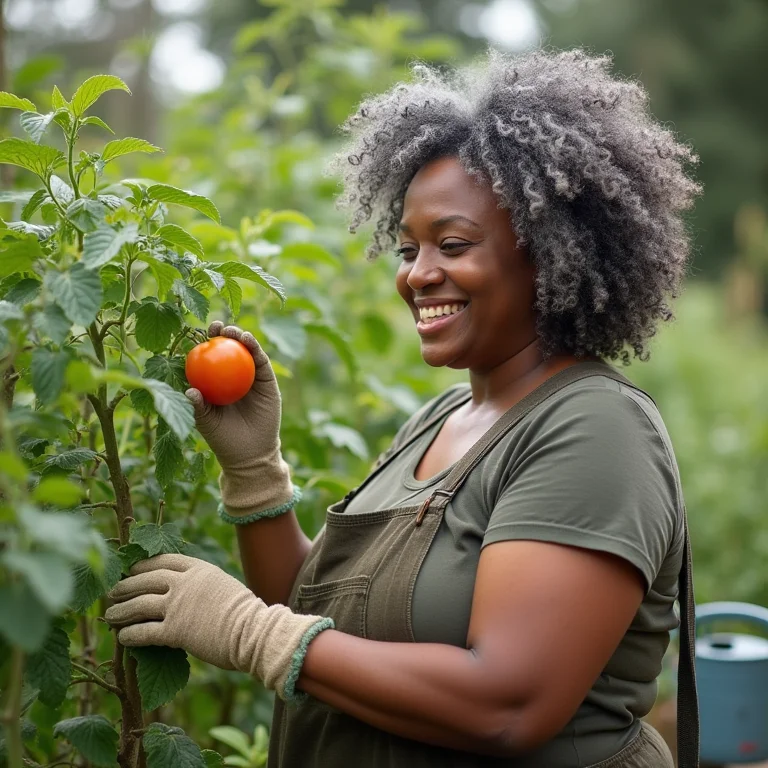 Mulher plus-size inspecionando plantação de tomate orgânico.