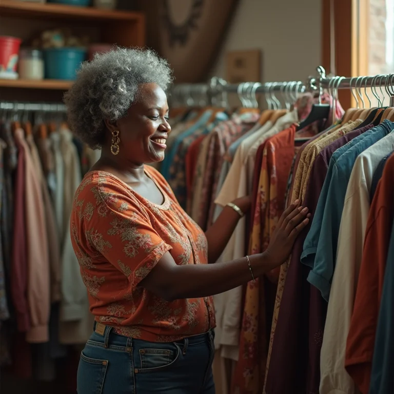 Mulher plus-size negra experimentando roupas de brechó
