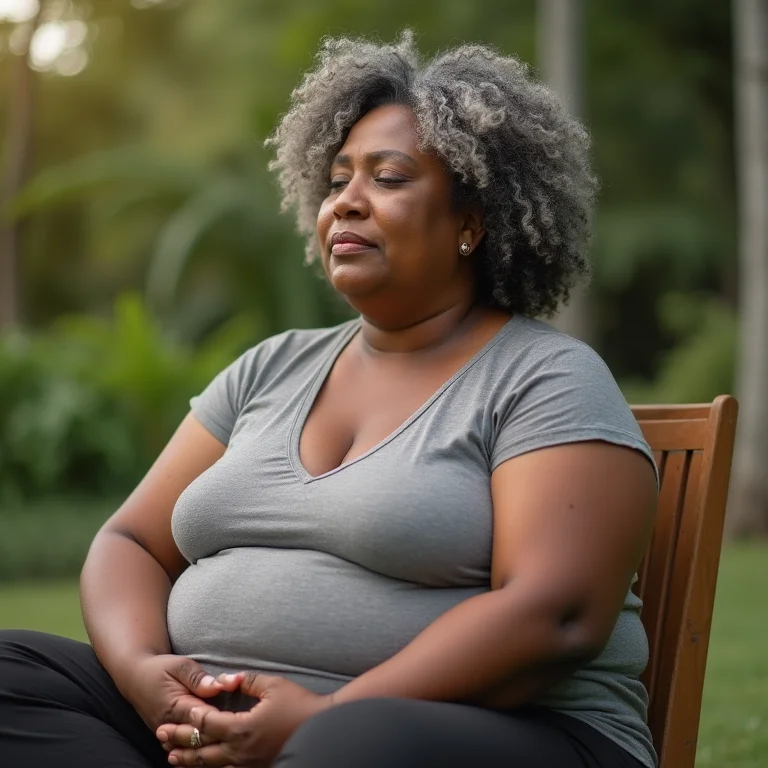 Mulher plus-size praticando respiração diafragmática ao ar livre