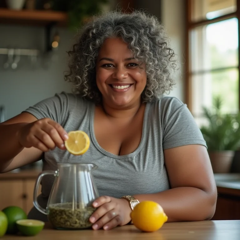Mulher plus-size preparando chá de assa peixe com limão para controlar a pressão alta.