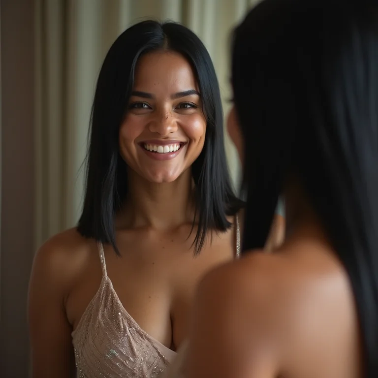 Mulher plus-size sorrindo no espelho após dançar