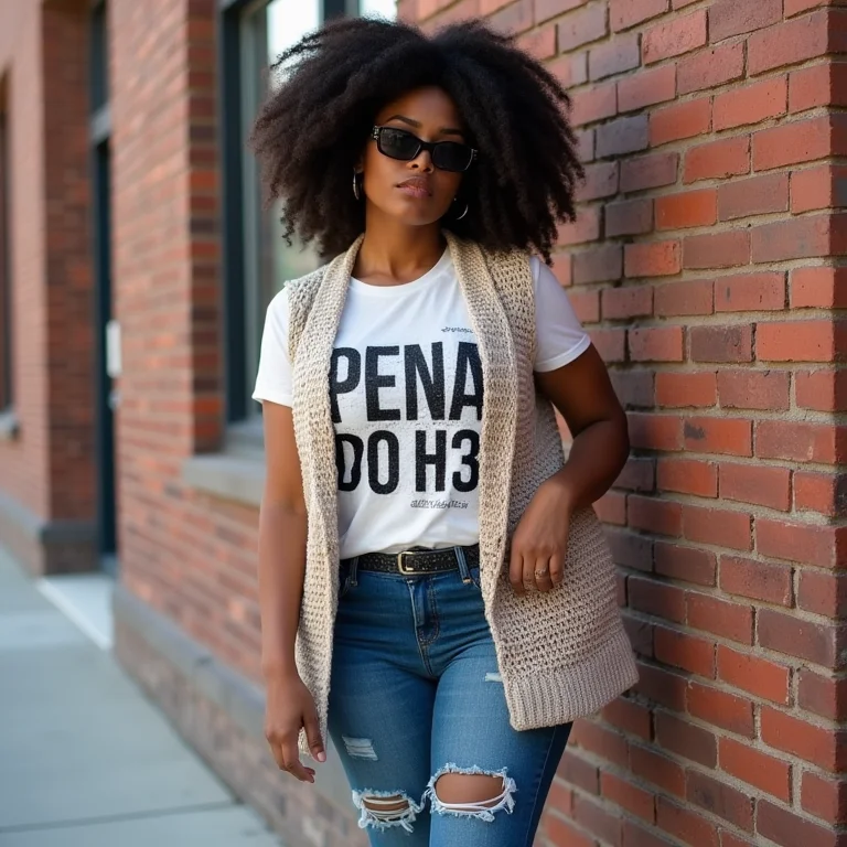 Mulher plus size usando colete de crochê com camiseta estampada e calça jeans destroyed