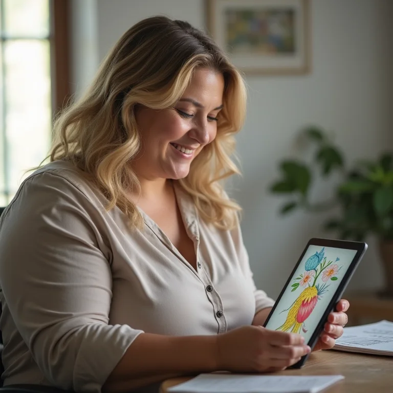 Mulher plus-size usando tablet com ilustração colorida.