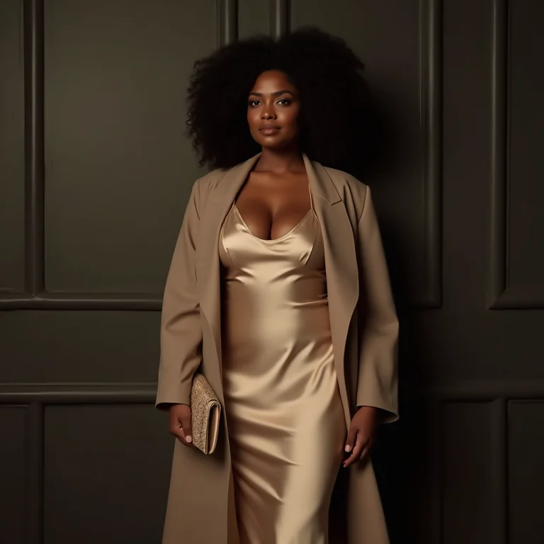 Mulher plus size usando vestido de seda e blazer oversized