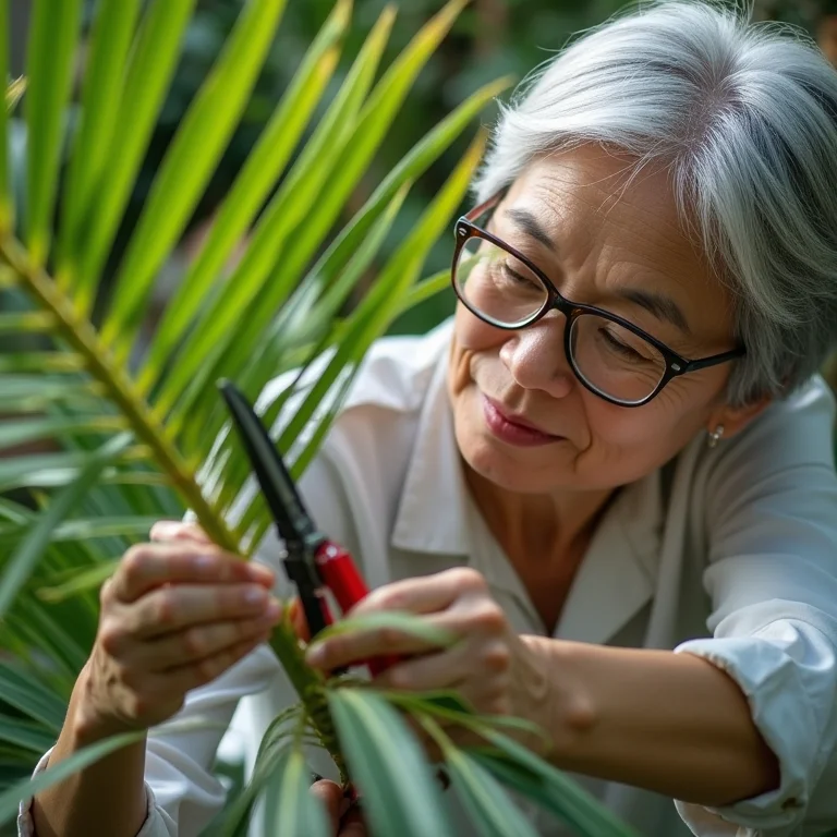 Mulher podando as folhas secas de uma palmeira ráfia com tesoura de poda