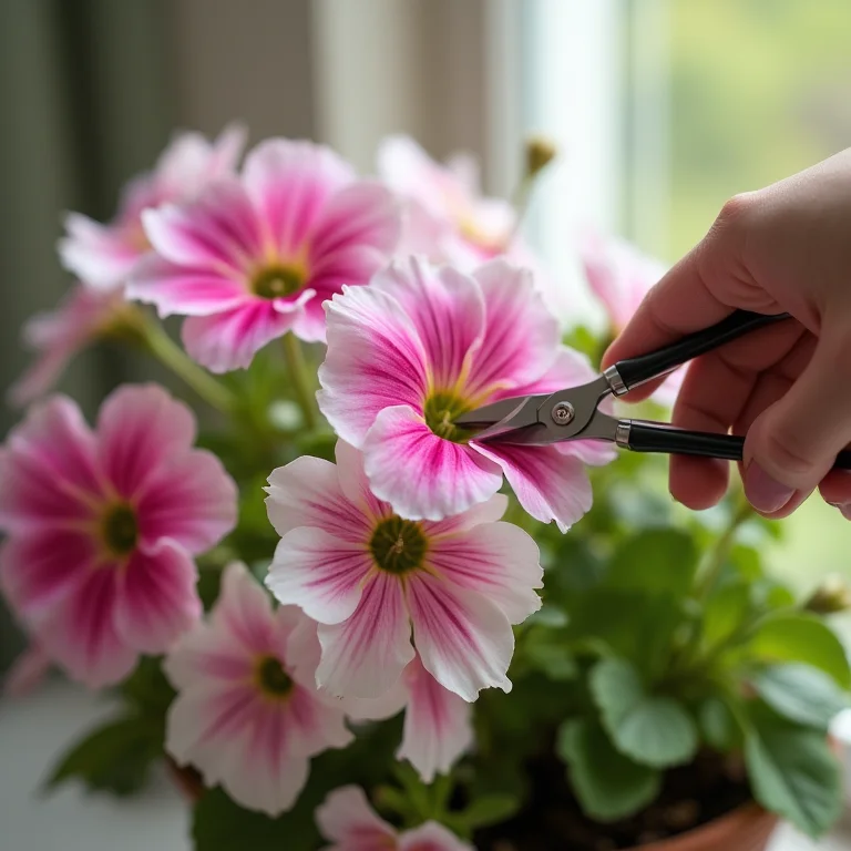 Mulher podando flores murchas de petúnias em vaso.