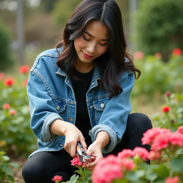 Mulher podando gerânios em jardim ensolarado