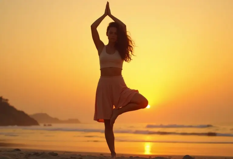 Mulher praticando yoga na praia ao nascer do sol