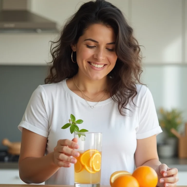 Mulher preparando água com gengibre e laranja