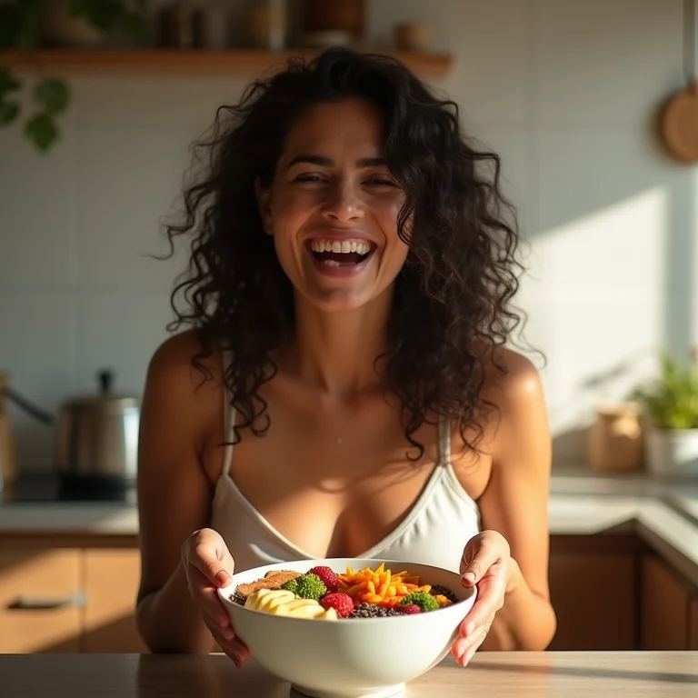 Mulher preparando café da manhã saudável com chia.