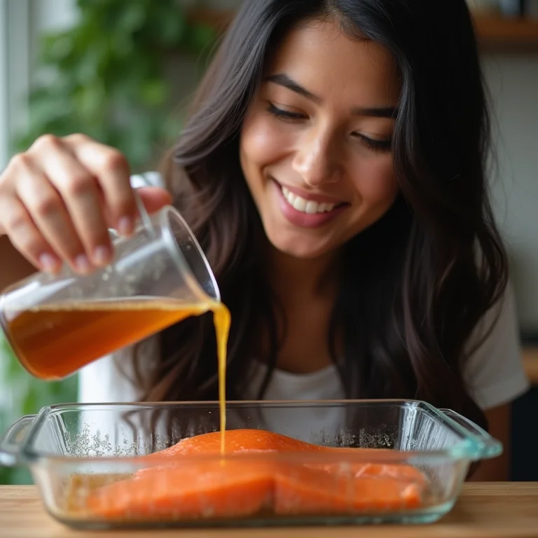 Mulher preparando marinada para salmão