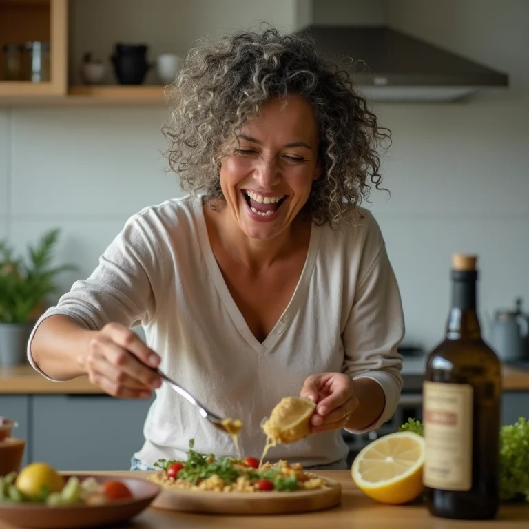 Mulher preparando refeição anti-inflamatória com óleo de macadâmia