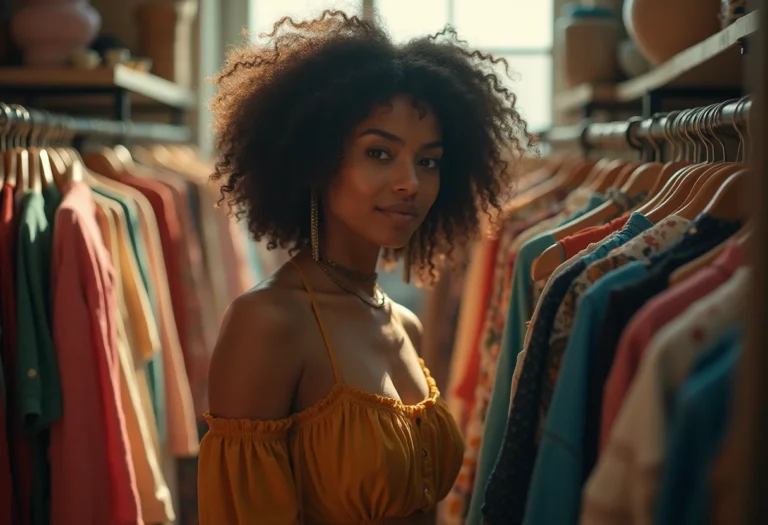 Mulher procurando roupas vintage em brechó