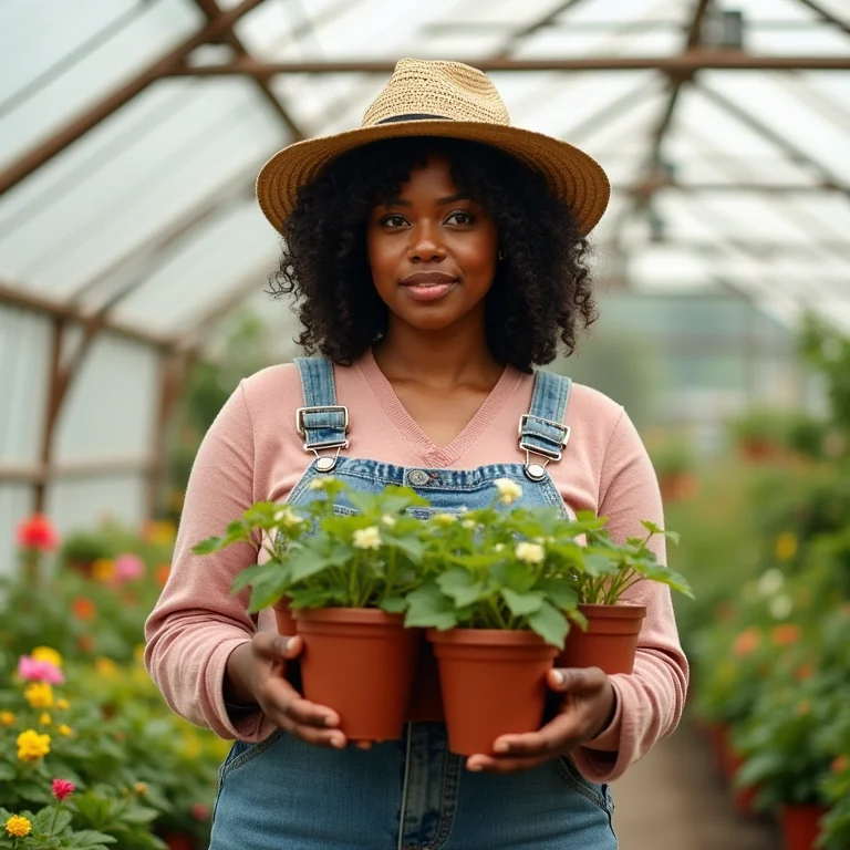 Mulher propagando gerânios em estufa