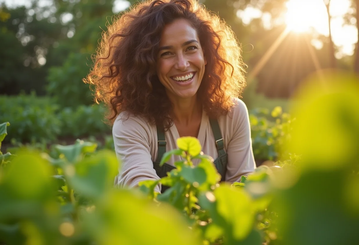 Hortaliças exuberantes: 7 dicas de jardinagem que você precisa saber Mulher radiante cuidando de sua horta orgânica.