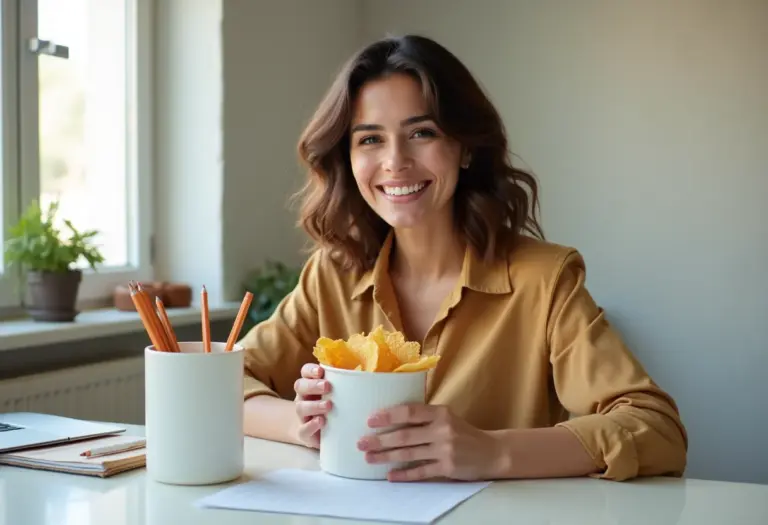 Mulher reaproveitando embalagem de batata frita como porta lápis.