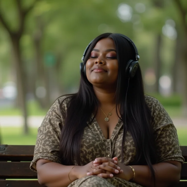 Mulher relaxando e ouvindo música em um parque