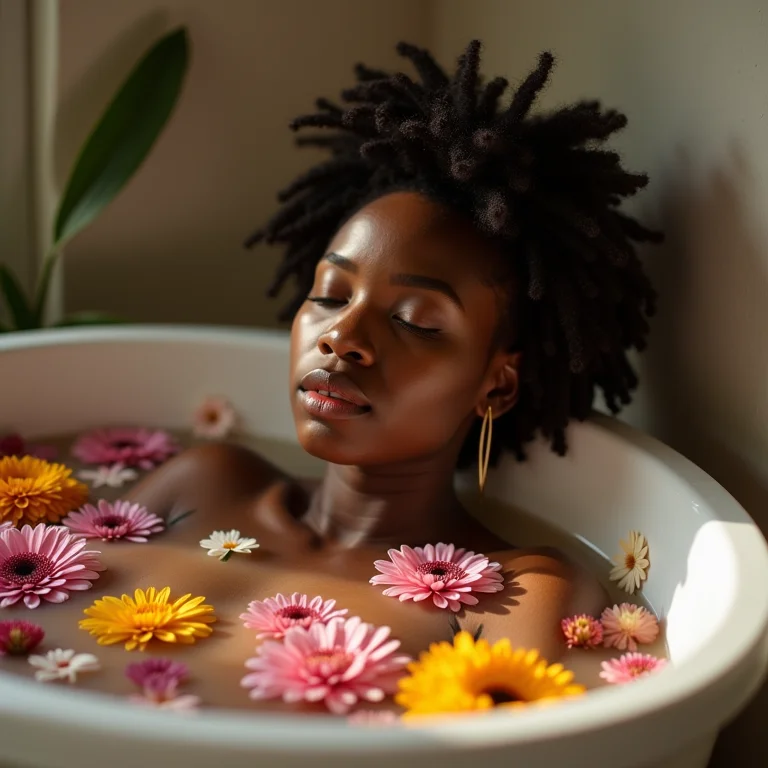 Mulher relaxando em banho de imersão aromático