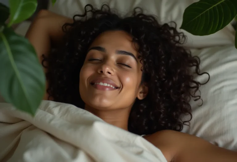Mulher relaxando em quarto com plantas para um sono perfeito