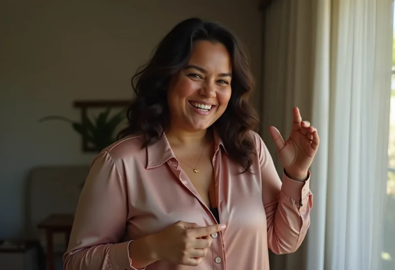 Mulher rindo de mancha de gordura em blusa de seda.