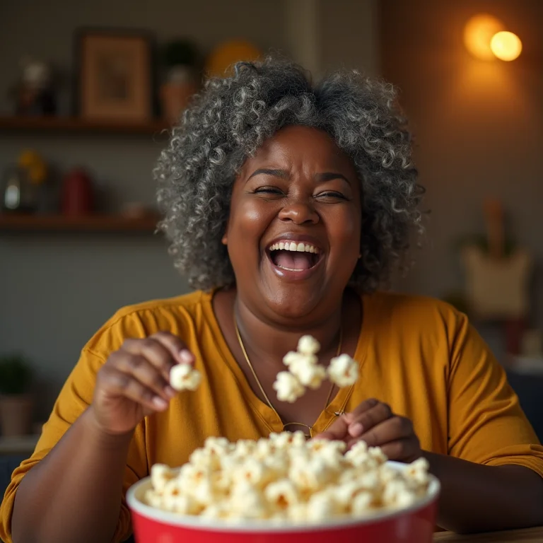 Mulher rindo e derrubando pipoca
