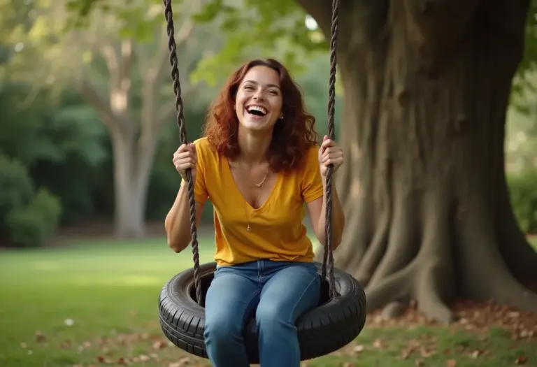 Mulher se divertindo com neta em balanço de pneu