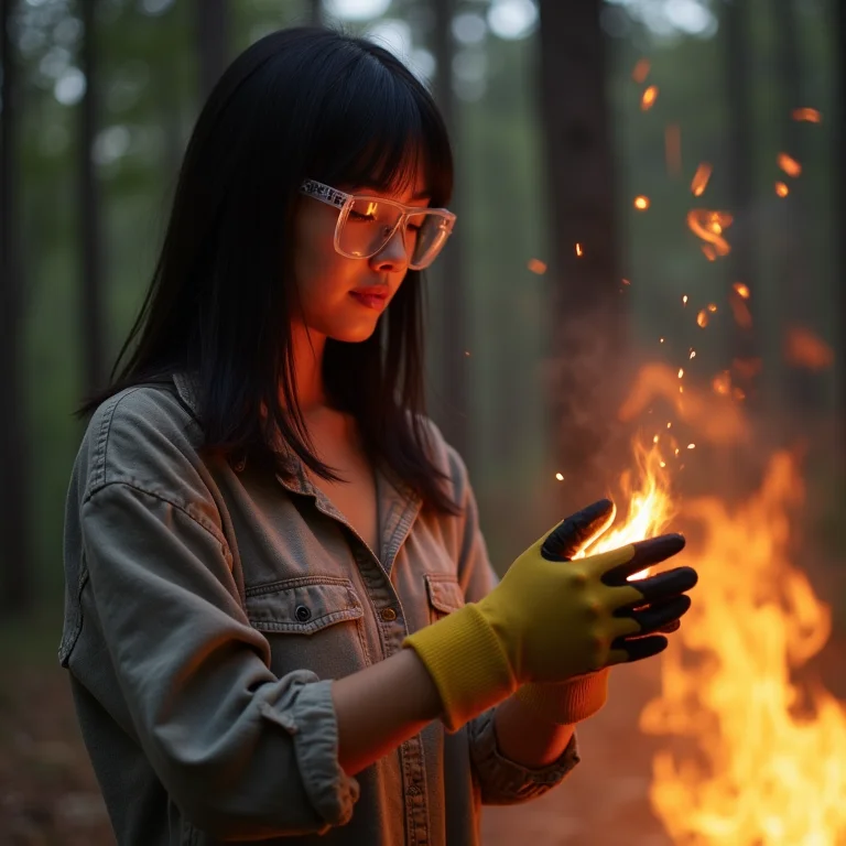 Mulher se protegendo para acender fogueira.