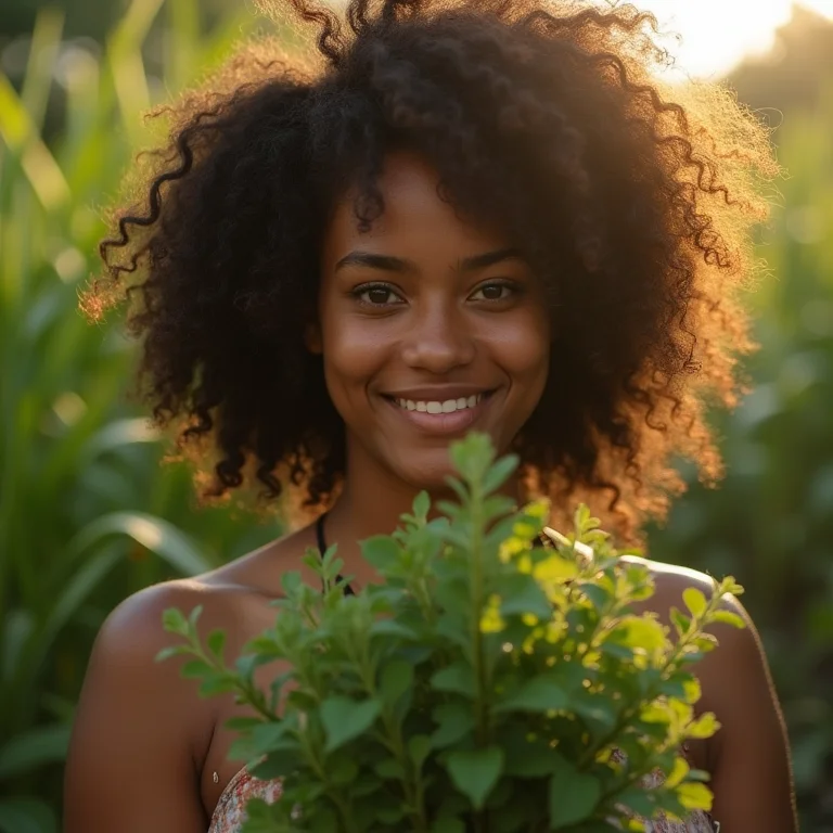Mulher segurando arruda para afastar o mau olhado