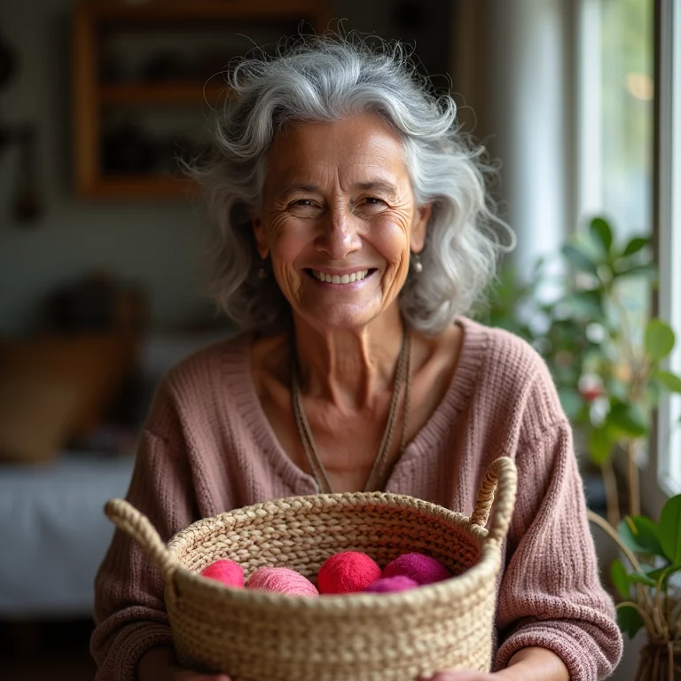 Mulher segurando um cesto de fio de malha artesanal.