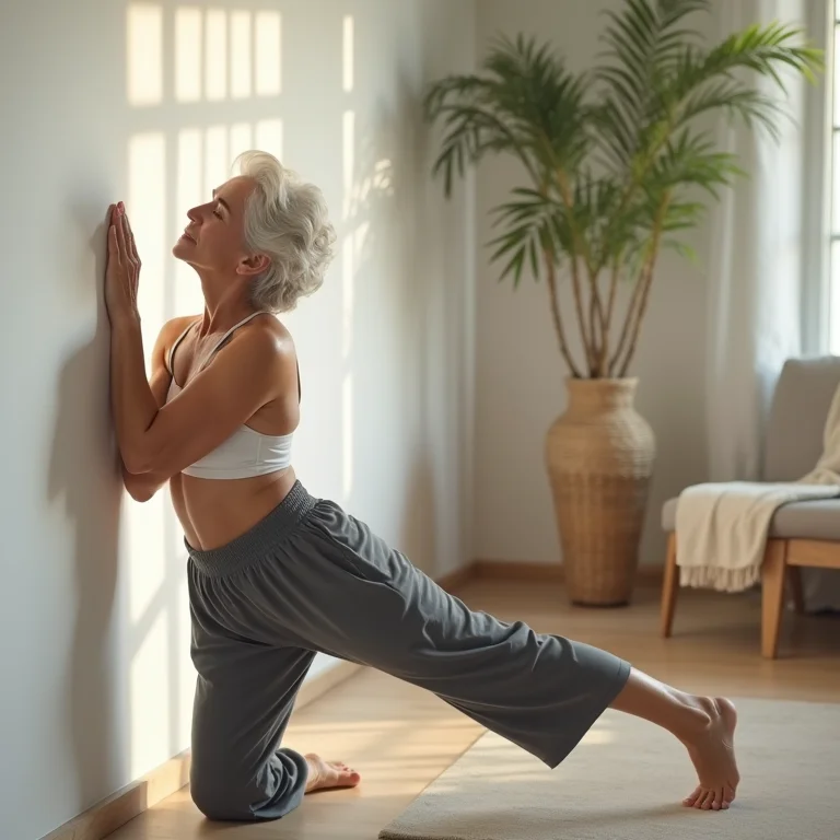 Mulher sênior alongando a panturrilha em casa