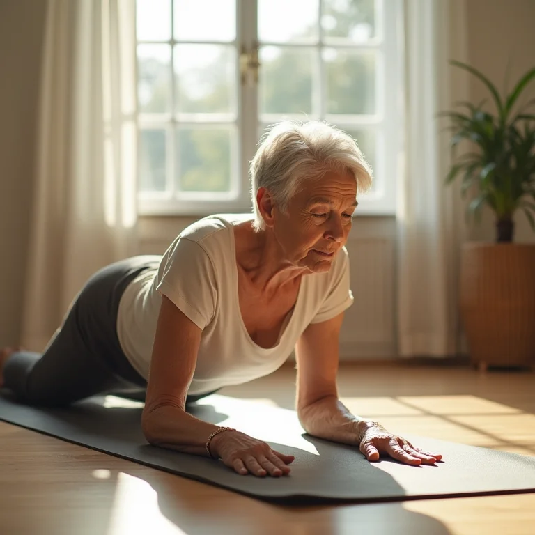 Mulher sênior brasileira na postura do cachorro olhando para baixo