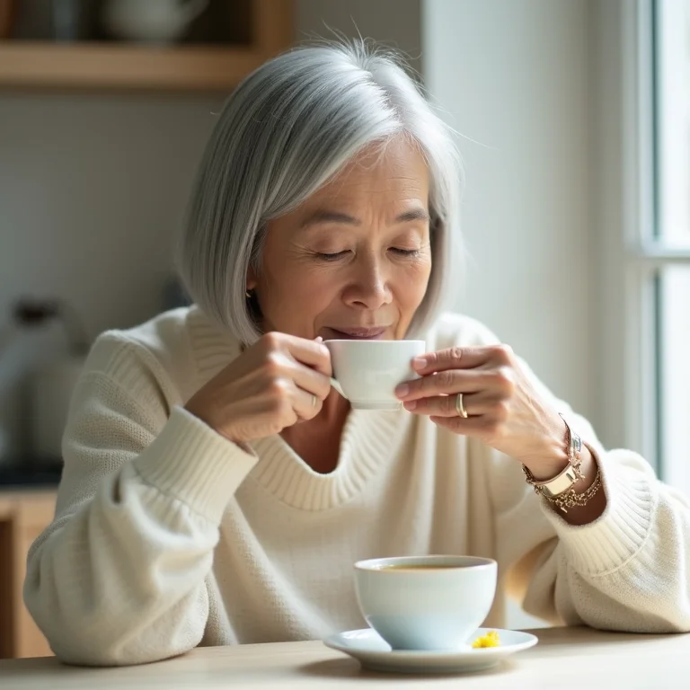 Mulher sênior relaxando com chá de camomila