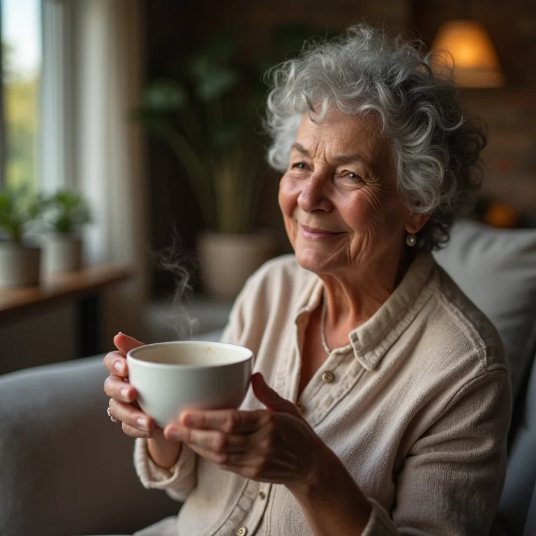 Mulher sênior sorrindo com xícara de chá de alho.