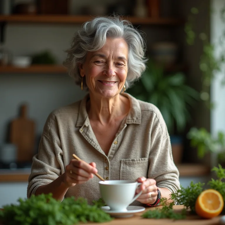 Mulher sênior tomando chá de urtiga para combater anemia