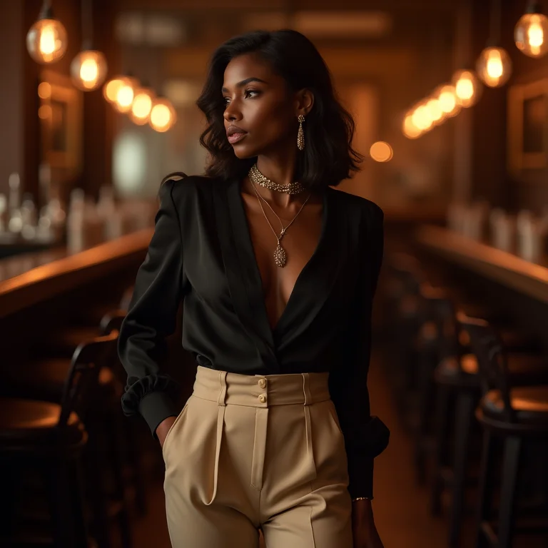 Mulher sofisticada usando calça de alfaiataria bege e blusa de seda preta em ambiente noturno