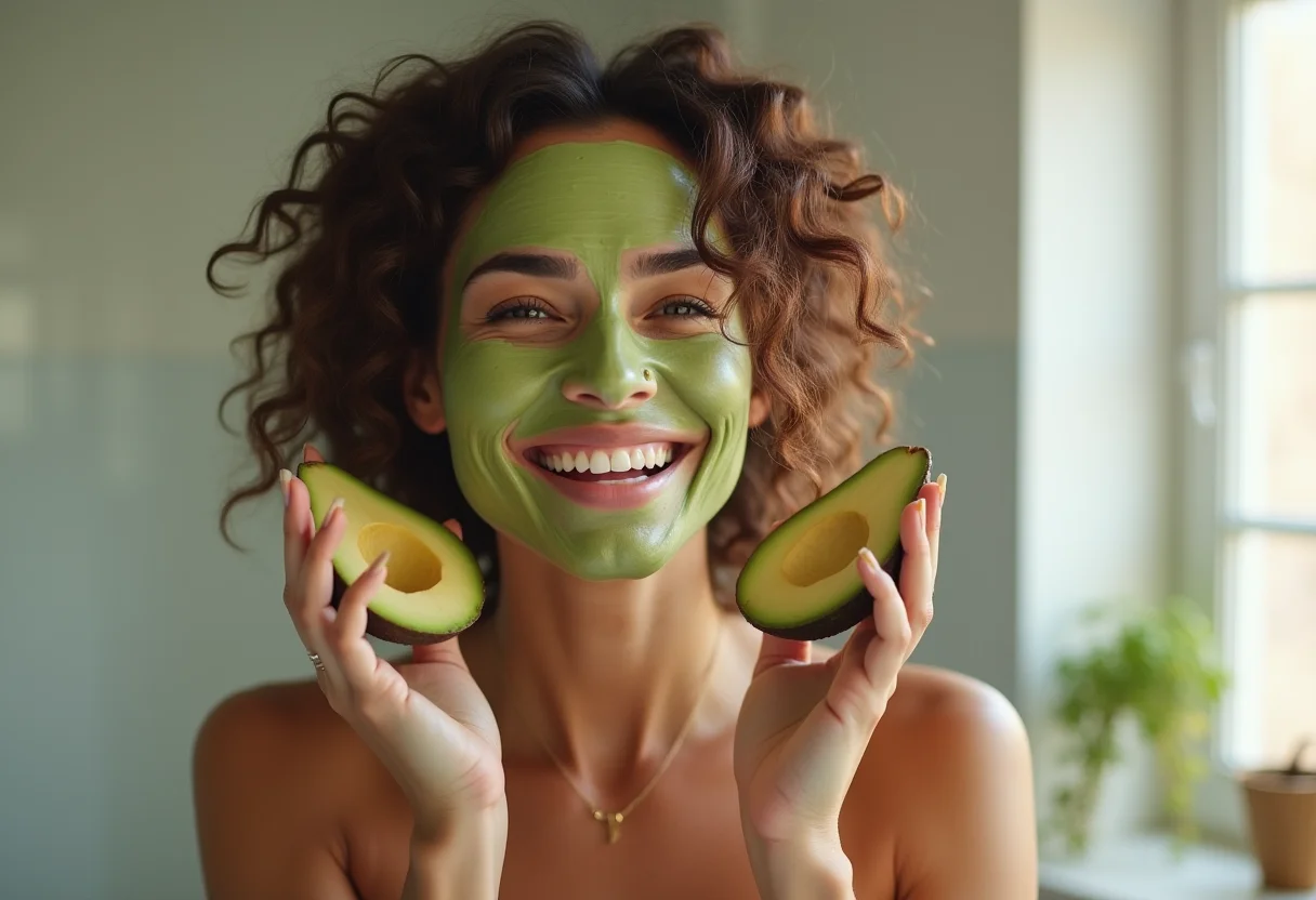 Hidratação Caseira: O segredo para um cabelo de salão em casa Mulher sorrindo aplicando máscara de abacate caseira no cabelo