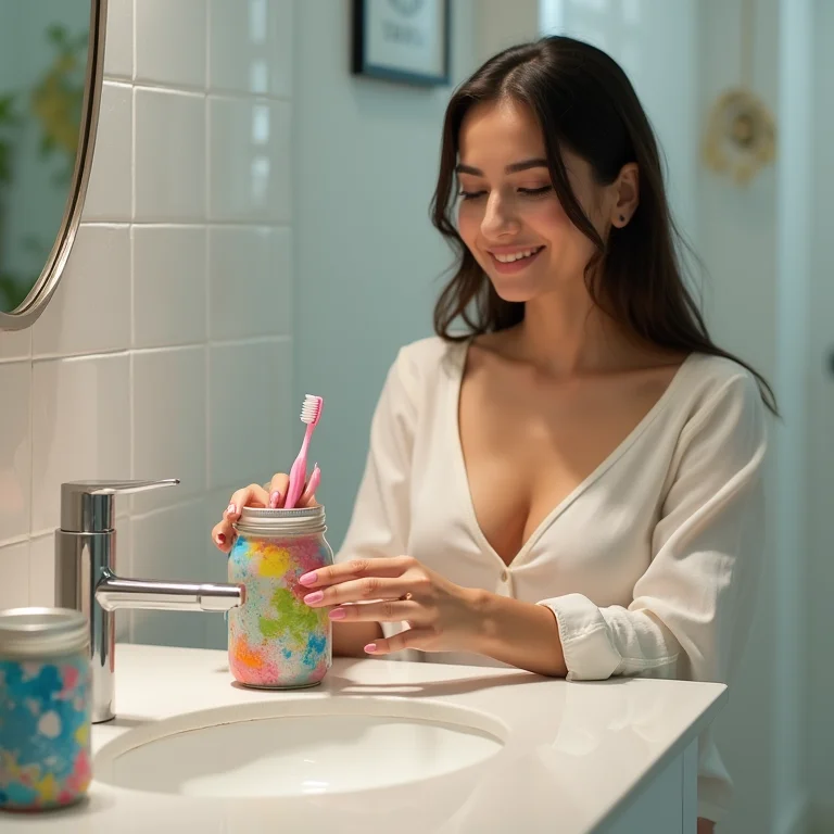 Mulher sorrindo colocando porta escova de dentes reciclado no banheiro