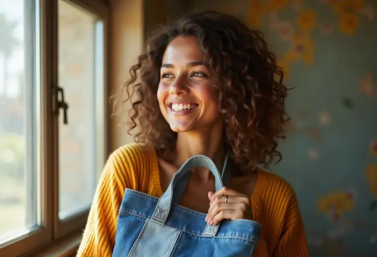 Mulher sorrindo com bolsa de retalhos colorida