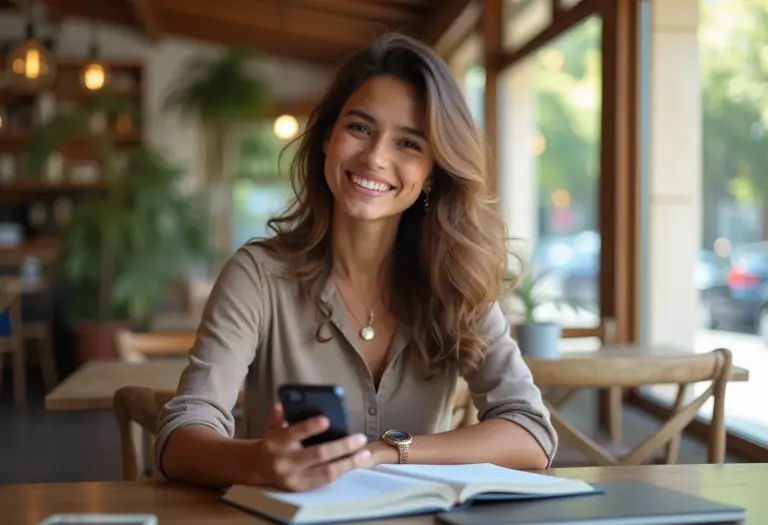Mulher sorrindo com carteira de estudante e celular em café