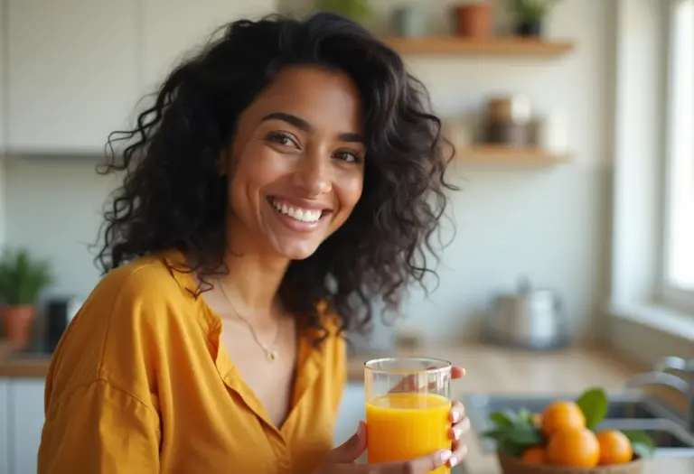 Mulher sorrindo com copo de suco natural
