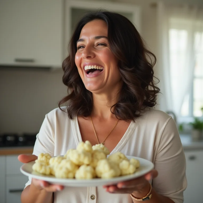 Mulher sorrindo com couve-flor