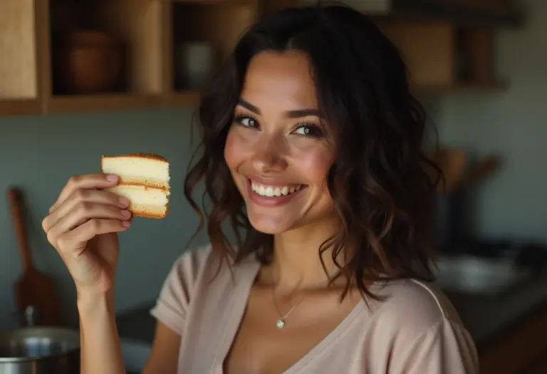 Mulher sorrindo com fatia de bolo de tapioca cremoso